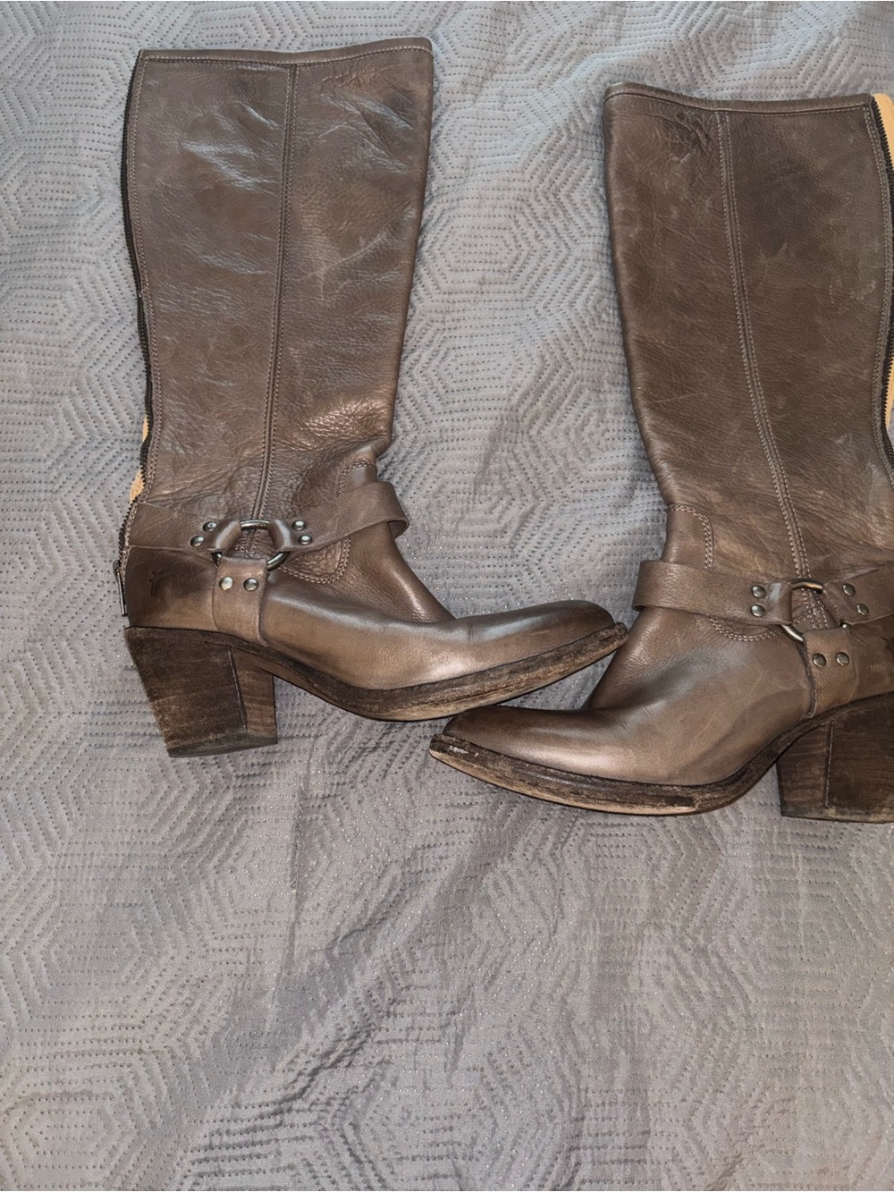 Frye Gun Metal Leather Mid-Calf Harness Heeled Boots